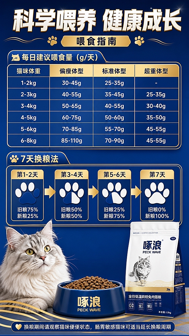 [商品] 使用【图7】每日建议喂食量表格和7天换粮法信息，保留数据真实性。使用【图2】背面喂食量和换粮法信息。使用【图1】包装袋和猫粮碗（带啄浪logo）。
[画面] 喂食指南页，目标清晰展示每日建议喂食量和7天科学换粮法，帮助铲屎官科学喂养。画面上半部分为每日建议喂食量表格（猫咪体重对应偏瘦/标准/超重三种体型的喂食克数），下半部分为7天换粮法图示（用4个阶段的爪印图标或进度条展示换粮比例变化）。侧边点缀白色长毛狮子猫可爱头像和猫粮碗。背景为深蓝渐变，金色装饰。构图为上下结构，上半部分喂食量表（占45%），下半部分7天换粮法（占45%），顶部大标题。
[视觉] 套系策略：风格=拼多多接地气营销风，高饱和度商业摄影质感；标题字=粗黑厚重黑体，大字报风格；正文字=清晰黑体，移动端可读；主色=深蓝（#0A2463）+ 金色（#D4AF37）+ 白色；背景延展=深蓝渐变背景，金色装饰线条和光效；强调色=亮金色+浅蓝色，用于换粮进度高亮；标题色=白色+金色渐变；正文色=白色/浅金色；组件=金色边框表格、爪印图标、箭头图标、猫粮碗图标；光影=均匀柔光，表格和图标清晰。
[文字] 顶部主标题：'科学喂养 健康成长'（超大字，白色描金边）；上半部分小标题：'每日建议喂食量（g/天）'，表格：行=猫咪体重（1-2kg、2-3kg、3-4kg、4-5kg、5-6kg、6-8kg），列=偏瘦体型、标准体型、超重体型，对应数值：1-2kg：30-45g / 25-35g / -；2-3kg：40-55g / 35-45g / 25-35g；3-4kg：50-65g / 40-55g / 30-40g；4-5kg：60-75g / 50-60g / 35-50g；5-6kg：70-85g / 55-70g / 45-55g；6-8kg：85-110g / 70-90g / 45-55g；下半部分小标题：'7天换粮法'，4个阶段横向排列：第1-2天（旧粮75%+新粮25%）、第3-4天（旧粮50%+新粮50%）、第5-6天（旧粮25%+新粮75%）、第7天（旧粮0%+新粮100%），用箭头连接；底部温馨提示：'换粮期间请观察猫咪便便状态，肠胃敏感猫咪可适当延长换粮周期'；所有文字横向排版，表格清晰，字号适中，手机端可清晰阅读。
[规格] 图片比例9:16竖版，4K分辨率，避免喂食量数据错误、文字虚化变形、错字、极限词、医疗化承诺。