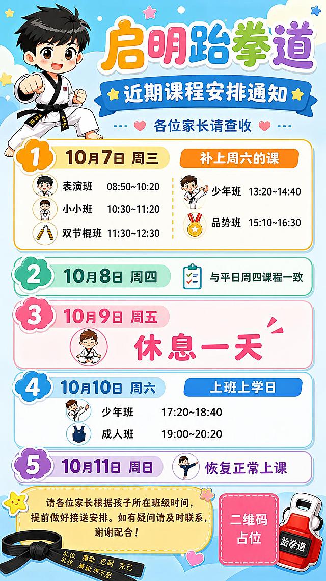 参考图中的版式结构和课程信息，重新生成一张启明跆拳道家长群课程通知海报，改为更轻松可爱的卡通风格。整体色调更明亮活泼，用柔和的马卡龙色系或明亮的蓝黄橙配色，减少笔刷粗犷感，增加圆润可爱的卡通元素。左上角的跆拳道小男孩形象保留但更Q版可爱，圆润画风。顶部大标题"启明跆拳道"用圆润可爱的卡通字体，副标题"近期课程安排通知"。5天课程安排信息卡片用圆角卡片设计，图标更可爱卡通化，数字编号用圆润气泡样式。整体氛围轻松愉快，适合少儿跆拳道小朋友和家长阅读。保留全部课程信息原样保留：10月7日周三补上周六的课（表演班08:50~10:20、小小班10:30~11:20、双节棍班11:30~12:30、少年班13:20~14:40、品势班15:10~16:30）；10月8日周四与平日周四课程一致；10月9日周五休息一天；10月10日周六上班上学日（少年班17:20~18:40、成人班19:00~20:20）；10月11日周日恢复正常上课。底部提示语和二维码占位保留。画面中所有数字必须精确渲染，不得错位、遗漏或编造。画面中所有二维码区域使用纯色方块占位符呈现，方块中央标注"二维码占位"文字。画面中所有信息区域必须填充完整合理的内容，不得出现空白框。