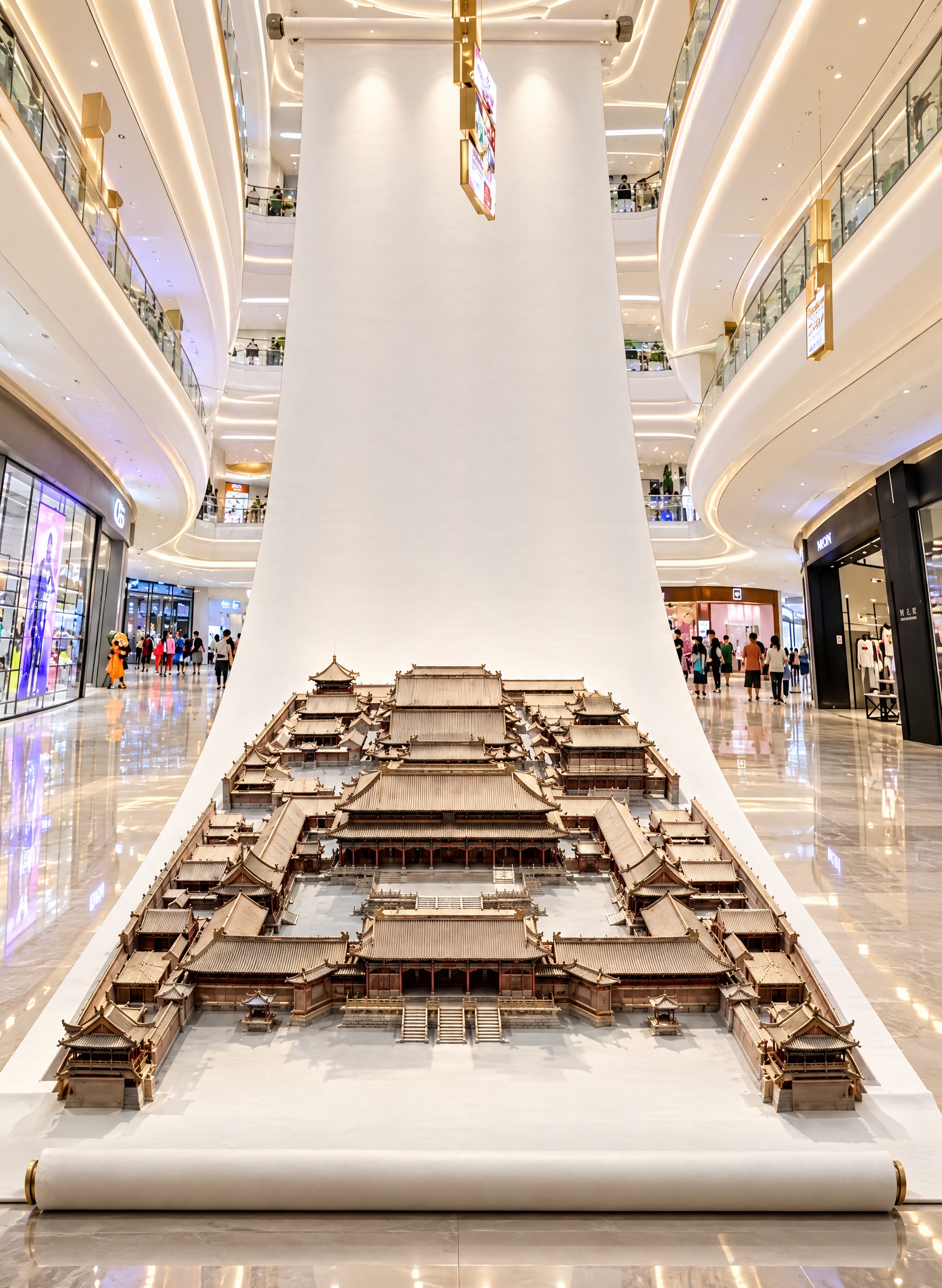 图生图编辑：以图二的商场中庭环境作为背景空间，将图一中自上方展… - 图片创意预览