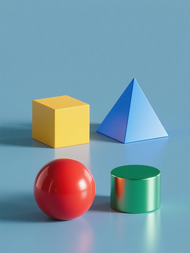 纯色背景上，四个不同的立体3D几何元素系列素材集合规整排布，包括蓝色金字塔形、黄色正方体、红色球体和绿色圆柱体，每个几何体都具有光滑的金属质感表面，呈现出明亮的高光和渐变色彩过渡，光影效果统一，整体保持简洁现代的3D设计风格。