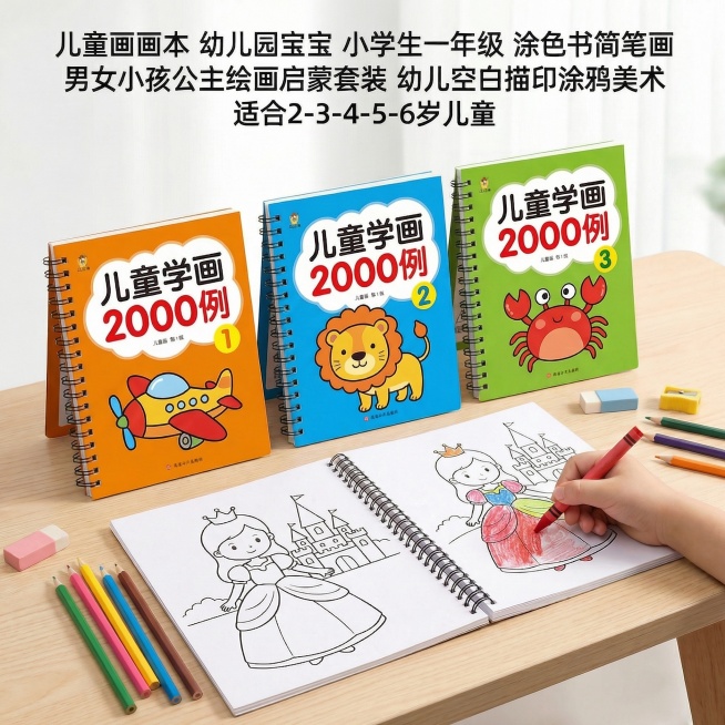 修正还原书本形状，保持当前构图：一本打开平放在桌面，儿童手部握笔涂色，三本封面站立在后方，修正书本形状和比例，保持所有文字和封面内容正确，清晰还原四本儿童学画画本的正确外观，整体自然真实，电商主图风格预览效果