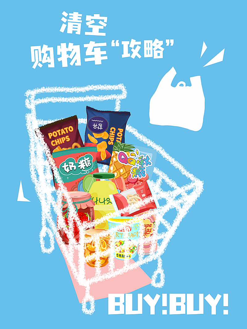 手绘风购物车商超零售百货购物攻略小红书封面