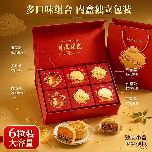 [主图-2] 月饼礼盒内部结构展示 多口味内盒卖点图
[氛围风格] 国潮高端质感，开箱展示视角，1688 B端产品细节展示
[画质] 商业摄影质感、光线柔和通透、产品清晰真实、细节丰富、超高清
[元素] 打开的红色月满团圆月饼礼盒置于画面中央，盒盖向后翻开，内部整齐排列4-6个独立小内盒，每个内盒均为红色烫金设计，印有不同国潮图案（玉兔、圆月、桂花、窗格等）；礼盒旁侧放置配套红色手提礼袋；前景散落1-2块切开的月饼，展示莲蓉蛋黄/五仁等内馅横截面，馅料饱满诱人；背景为浅金色渐变，点缀中式祥云纹理与桂花花瓣。保持礼盒及内盒外观（材质、颜色、烫金图案）与输入产品图一致，杜绝变形色差。商品主体占比约65%。
[光影] 顶部柔光均匀照射，礼盒内部细节清晰可见，烫金部分有细腻金属反光；月饼切面有柔和高光凸显馅料质感；整体明亮通透，阴影柔和自然。
[配色] 主色中国红+烫金；辅色浅金黄（背景）、暖棕（月饼馅）；强调色奶白（月饼皮）。
[视角构图] 45度俯视角度，礼盒内部全貌清晰展示，内盒排列整齐有序，前景月饼切面作为视觉焦点引导视线，景深适中。
[文字版式] 顶部居中主标题“多口味组合 内盒独立包装”，烫金色粗体大字；左右两侧用细引线分别指向不同内盒，配小字说明“玉兔款 莲蓉蛋黄”“圆月款 豆沙五仁”等；底部左侧红色圆角标签“6粒装 大容量”，白字；底部右侧说明“独立小盒 卫生便携”。
[输出要求] 1:1比例，文字清晰锐利，超高清商业摄影质感
[负向提示词] 变形，文字错乱，产品图模糊，背景杂乱，水印，电商平台Logo，多余的手，畸形手