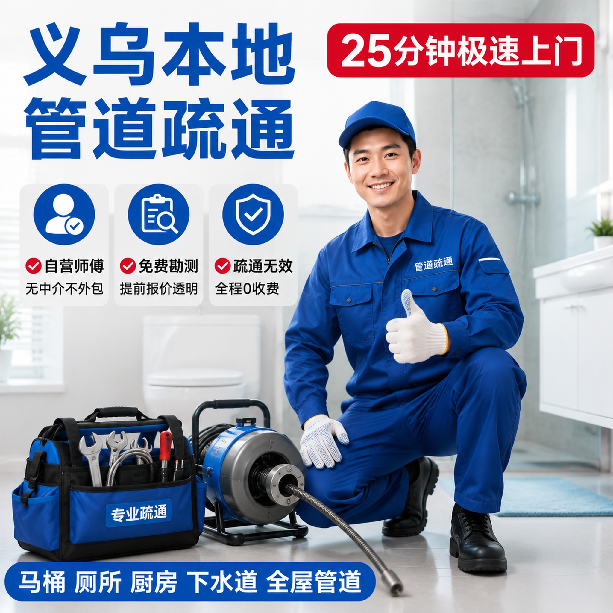 [主图-1] 义乌本地管道疏通服务首图； [氛围风格] 专业接… - 图片创意预览