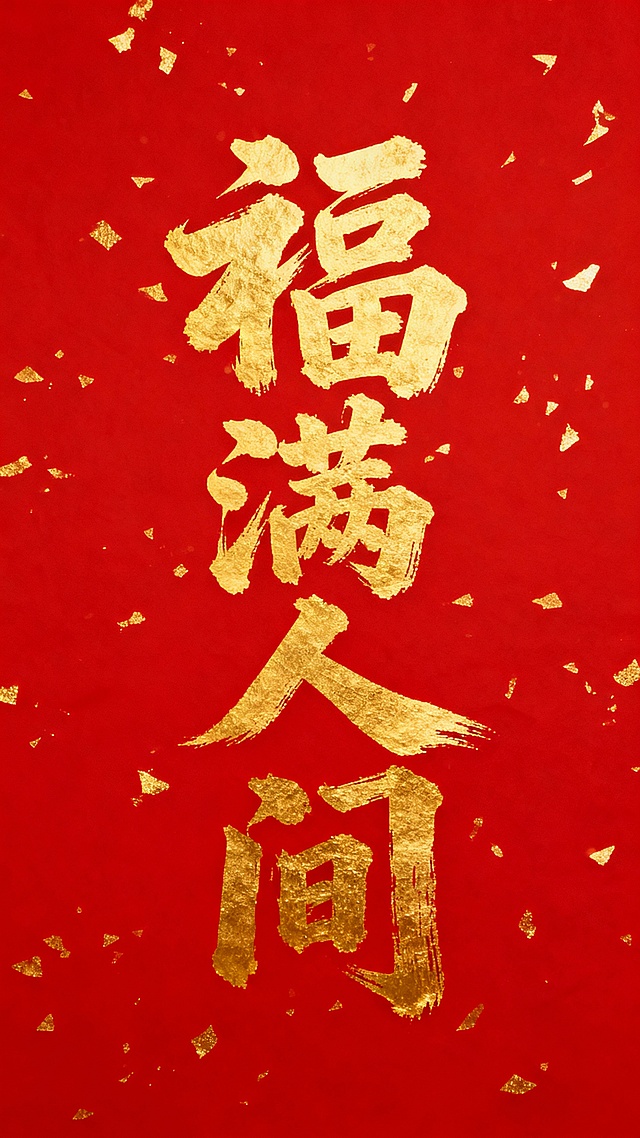 纯红色背景，上面有金色洒金纹理点缀，中央是金色的毛笔书法字体，字体风格为大气磅礴、笔触浑厚有力的传统书法，文字内容为“[此处替换为所需文字]”，整体呈现出喜庆、吉祥、庄重的氛围，视觉层级清晰，书法占据画面核心位置，金色文字与红色背景形成强烈对比，具有浓厚的传统中国风设计感。