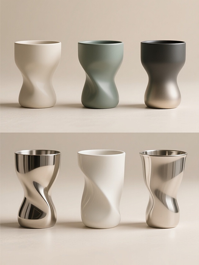 6个不同配色、不同样式、不同材质的水杯造型，上下两行对齐排列，每个水杯具有光滑的曲面和清晰的结构线条，呈现出真实的金属、陶瓷、玻璃等材质质感，柔和的光影效果凸显立体感，浅色简洁背景，整体构图平衡，具有广告海报般的清晰信息传达和现代设计感，无文字、LOGO、二维码及其他装饰元素。