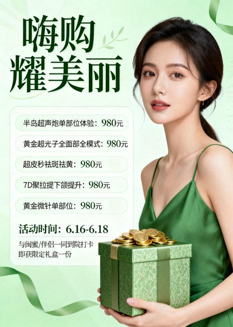 医美活动海报，主题嗨购耀美丽，五个医美项目每个活动价980元，分别是半岛超声炮单部位体验、黄金超光子全面部全模式、超皮秒祛斑祛黄、7D聚拉提下颌提升、黄金微针单部位，活动时间6.16-6.18，与闽蜜预览效果