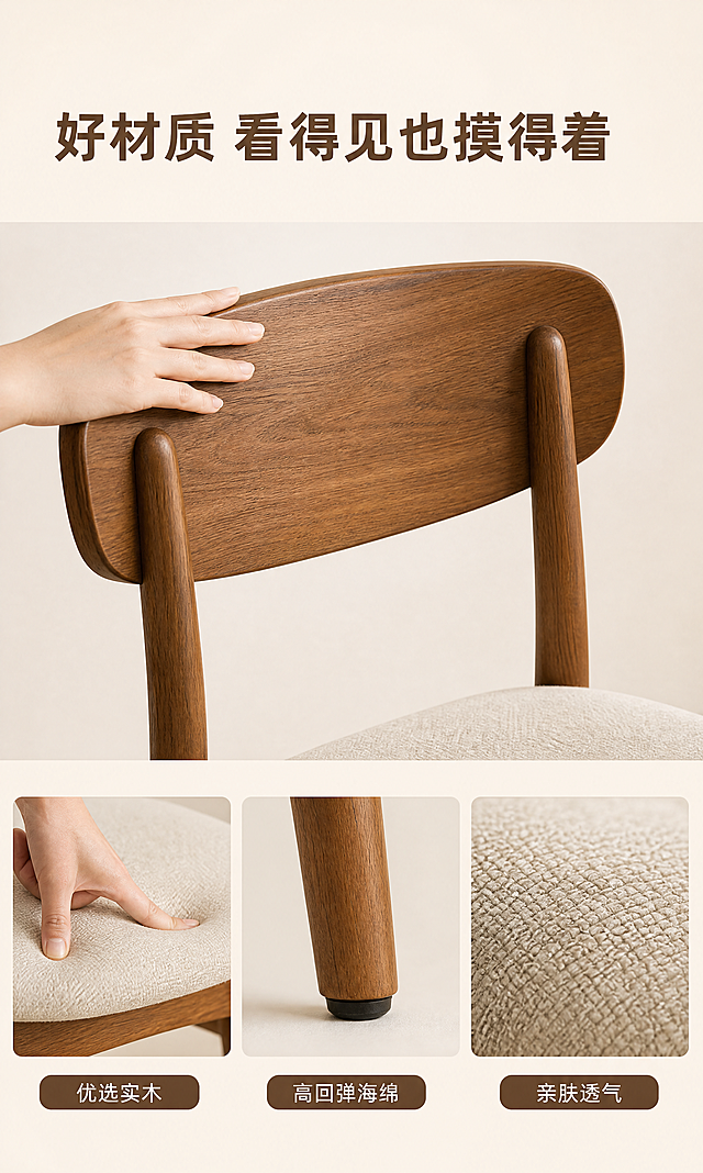[商品] 使用图 https://gdesign-dam-hz.dancf.com/37956193204164757/940494ed6f4c4cd0863179e4771d649d.png?x-oss-process=image/resize,l_3000,image/crop,w_3000,h_3000,g_center 的北欧实木餐椅；严格保留：深胡桃木色实木框架、弧形靠背双竖杆、米白布艺圆角坐垫、黑色防滑脚垫、天然木纹；不改变结构、比例、配色、材质。
[画面] 第3段材质工艺证明：上特写下说明；主标题“好材质 看得见也摸得着”置于顶部文案区；中部大图=手部轻抚椅背木纹特写（手指自然）；下方三格小图：手指按压米白坐垫表现回弹、椅腿底部黑色防滑脚垫特写、坐垫布艺编织纹理微距；每格配4-8字短标签“优选实木”“高回弹海绵”“防滑耐磨”“亲肤透气”，标签置于图下横排；上下各留约20%纯暖米白背景区无缝拼接。
[视觉] 套系策略：风格=北欧中古现代生活方式摄影+细腻电商排版；标题字=现代无衬线粗体；正文字=简洁无衬线体；主色=暖米白#FAF3E9；背景延展=顶部与底部各20%同色浅沙渐变纯背景、完全连续无暗角无阴影；强调色=深胡桃木棕#6B4A2F仅用于标签/引线；标题色=深胡桃木棕#6B4A2F；正文色=中暖灰#6B6258；组件=圆角标签+细线引线；光影=柔和棚拍光、材质微距清晰。
[文字] 主标题“好材质 看得见也摸得着”，标签“优选实木”“高回弹海绵”“防滑耐磨”“亲肤透气”，仅横排，不遮挡产品与手部。
[规格] 3:5竖版1080×1800，4K，摄影质感，禁止错字、竖排文字、手指畸形、变形缺件、冷蓝主调。
