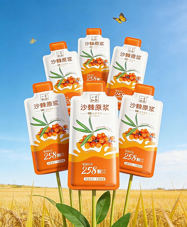将6个沙棘原浆包装的间距分散拉开，排列比例合适均匀，包装本身完全保持原样不变形，包装上的文字和图案清晰完整，保留稻田、蓝天、蝴蝶、绿叶等所有背景元素，仰视视角不变，画面尺寸为700x850像素，整体画面不变形
