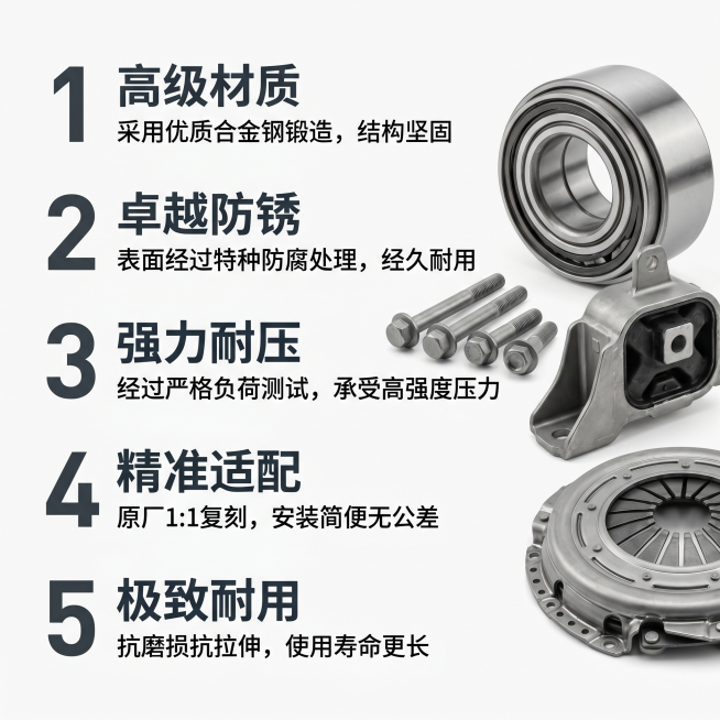 [主图 2] 汽车五金配件核心卖点展示图。[氛围风格] 专业简洁、清爽规整，风格与首图统一。[画质] 商业摄影质感、光线柔和通透、产品清晰真实、画面干净高级。[元素] 汽车五金配件主体放置在画面偏右侧预览效果