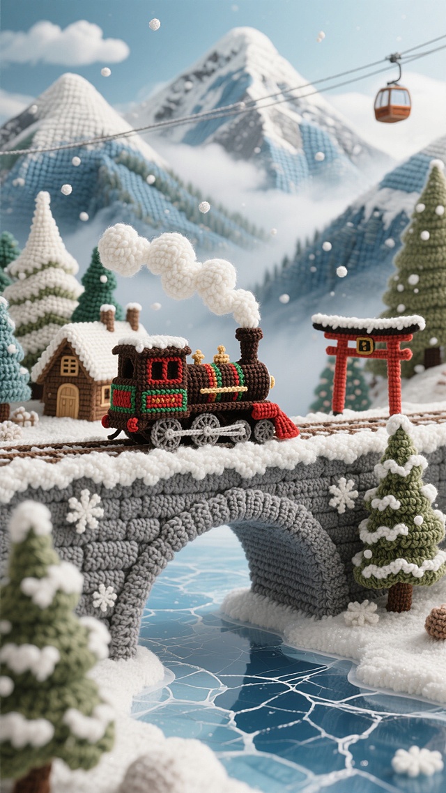 超精细手工钩针编织风格的世界冬季旅游景点全景，以深棕、红绿彩纹相间的复古蒸汽火车为视觉中心，行驶在覆盖着蓬松白色钩针"积雪"的灰色石拱桥上，桥下是蓝白交错、带有裂纹纹理的钩针"结冰湖面"。火车周围环绕着不同形态的钩针常青树，顶部点缀白色"积雪"，背景是层叠的钩针编织雪山，山顶覆盖厚实"白雪"，山间飘荡着云朵状钩针"雾气"。场景中巧妙融入世界各地标志性冬季景观元素：左侧远处可见钩针编织的北欧风格尖顶小木屋，右侧隐约呈现日式鸟居轮廓，近处增添象征阿尔卑斯山的钩针缆车细节，整体画面通过毛线的质感和立体感营造出温暖、梦幻的冬日氛围，所有元素保持一致的手工编织纹理和饱满的色彩过渡，雪花以细小的白色钩针颗粒点缀其间，形成层次分明、充满童趣的冬季旅游胜地全景图。