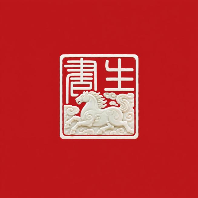 干净的朱红色背景。平面艺术字体设计，两个字"书生"，阳刻小篆文字，方形古印风格，白色字体，镂空边框，以玉雕奔马作为印章底纹装饰，玉马轮廓清晰，浅浮雕工艺，整体为正方形LOGO，印章居中，四周大量留白，预览效果