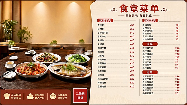基于这张美食俯拍图制作食堂菜单海报，图生图模式。保留原图的美食桌面场景作为左侧视觉主体（约占画面40%），在画面右侧叠加半透明暖白色蒙层作为菜单信息区（约占60%），蒙层上呈现完整的菜单价格列表。顶部居中大标题"食堂菜单"，配小字副标题"新鲜美味 每日供应"。菜单按四大品类分区排列，每个品类用红色标签标题+细分割线区分：

第一区"热菜荤类"：香辣虾 ¥50、白灼虾 ¥50、小炒黄牛肉 ¥40、水煮牛肉 ¥40、尖椒兔 ¥40、尖椒鸡 ¥40、泡椒牛蛙 ¥40、泡椒兔 ¥40、口水鸡 ¥30、清蒸鲈鱼 ¥40、清蒸钳鱼 ¥30、北京烤鸭 ¥40、水煮肉片 ¥28、盐煎肉 ¥20、川味回锅肉 ¥20、青椒肉丝 ¥20、京酱肉丝 ¥20

第二区"热菜素类"：清油丝瓜 ¥8、白灼菜心 ¥8、芙蓉空心菜 ¥8、麻婆豆腐 ¥8、青椒土豆丝 ¥8、炝炒油麦菜 ¥8

第三区"凉菜"：凉拌酱牛肉 ¥48、凉拌猪舌 ¥42、凉拌猪耳朵 ¥42、凉拌猪嘴 ¥38、凉拌豇豆 ¥8、凉拌三丝 ¥8、凉拌茄子 ¥8、凉拌黄瓜 ¥8

第四区"汤类"：饭豆叶子汤 ¥16、猪肝三鲜汤 ¥16、西红柿蛋汤 ¥10、酸菜粉丝汤 ¥10、黄瓜皮蛋汤 ¥10、平菇蛋汤 ¥10、小菜豆腐汤 ¥8

版式：左右分栏，左侧美食图保留完整，右侧菜单区采用两列网格布局，菜名左对齐，价格右对齐，红色价格数字加粗突出。整体暖橙米黄配色，餐饮菜单风格，食欲感强，排版精美，信息清晰易读。

画面中必须完整呈现以上所有菜名和价格，所有数字必须精确渲染，不得错位、遗漏或编造。画面中所有信息区域必须填充完整合理的内容，不得出现空白框、空白占位、空列表项、空单元格。画面中所有二维码区域使用纯色方块占位符呈现，方块中央标注"二维码占位"文字，严禁生成任何可识别的二维码图案。