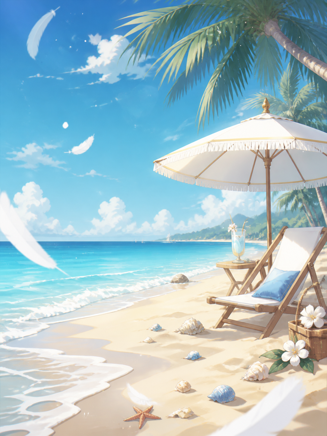 海边沙滩场景背景图，二次元动漫插画风格，柔和明亮的光影，清新治… - 图片创意预览
