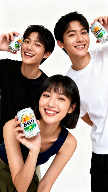 洋气的青春靓丽三个人，可爱微笑的五官，青春靓丽的精神，国际大片创意姿势，每人手中拿着旭日升易拉罐，纯白色背景，高清晰，画质优秀预览效果