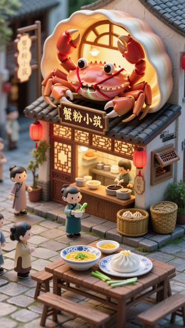 店铺是一个巨型螃蟹造型，蟹壳上开着拱形窗，招牌写着 “蟹粉小筑”，蟹钳处挂着红绳系着的大闸蟹，屋内暖黄灯光透出。店铺周边是老街巷弄元素，青石板路、雕花窗棂、红灯笼，墙角摆着竹编箩筐，身着民国服饰的小人预览效果