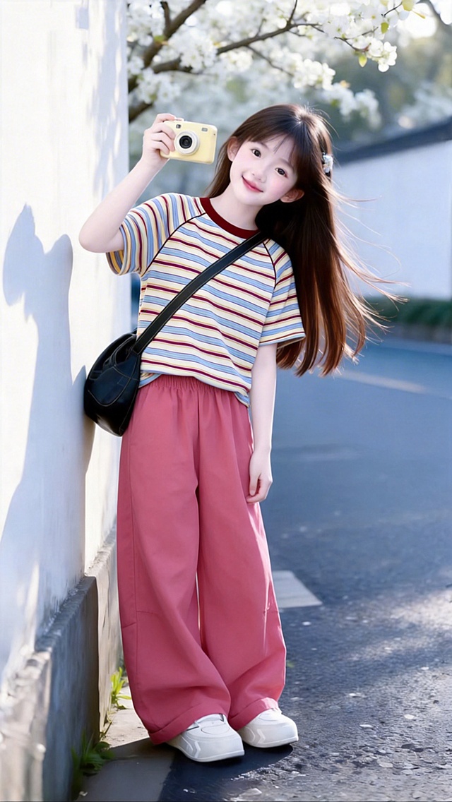 用图1短袖和裤子替换掉图2的模特身上穿的衣服裤子和模特手里衣架上挂着的衣服，保留原场景光影，保持图2的人物的五官和发饰不变，姿势不变，背景不变，图片宽高尺寸不变，保持图1的短袖和裤子的款式材质不变和颜色不变，高清