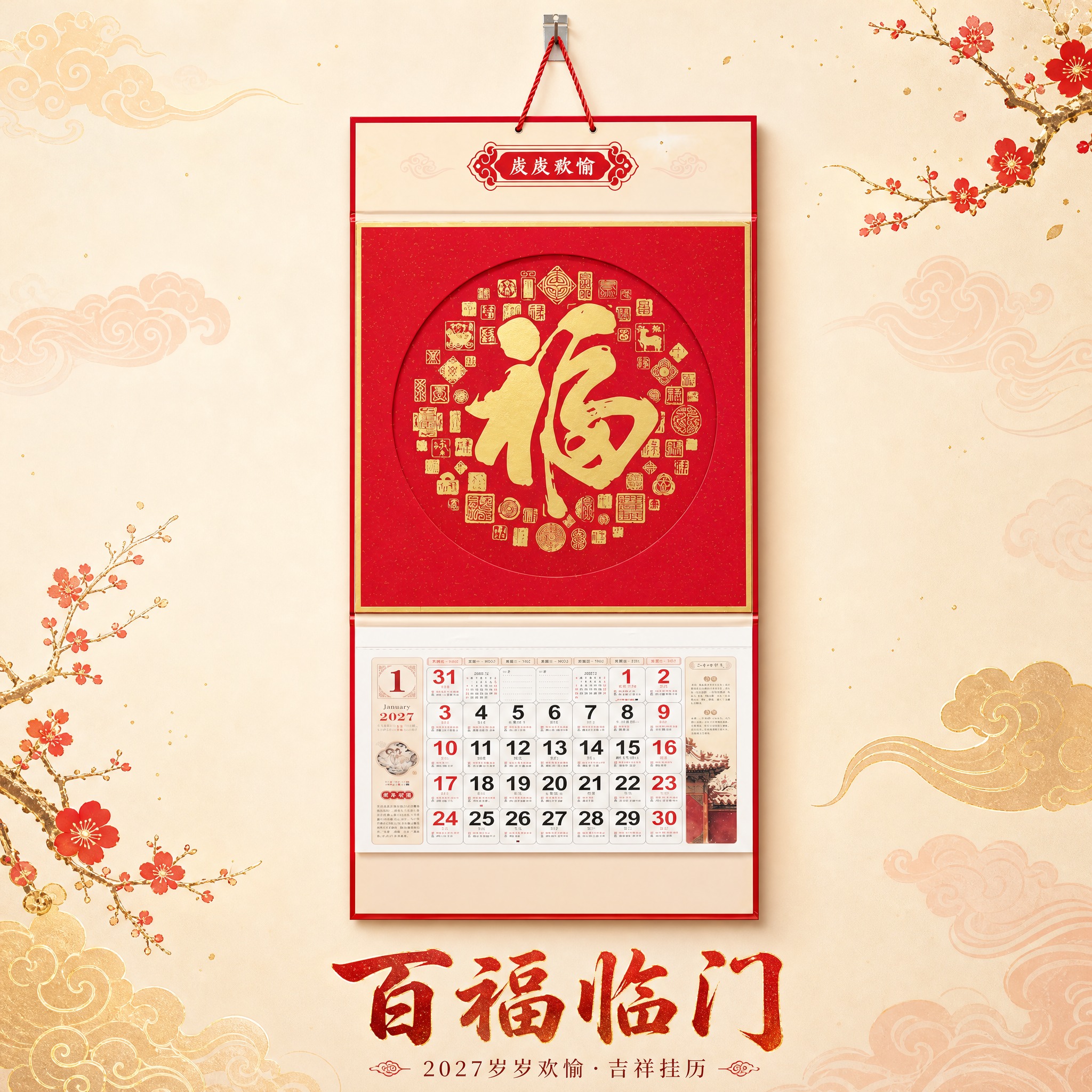 百福临门款2027岁岁欢愉吉祥挂历 SKU单品图。 [统一基调… - 图片创意预览