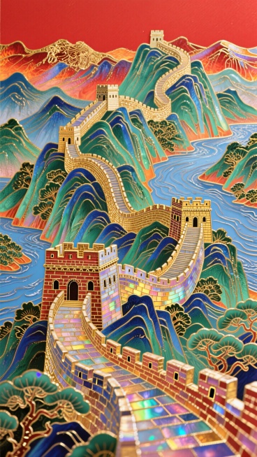 长城+山河，红色背景预览效果