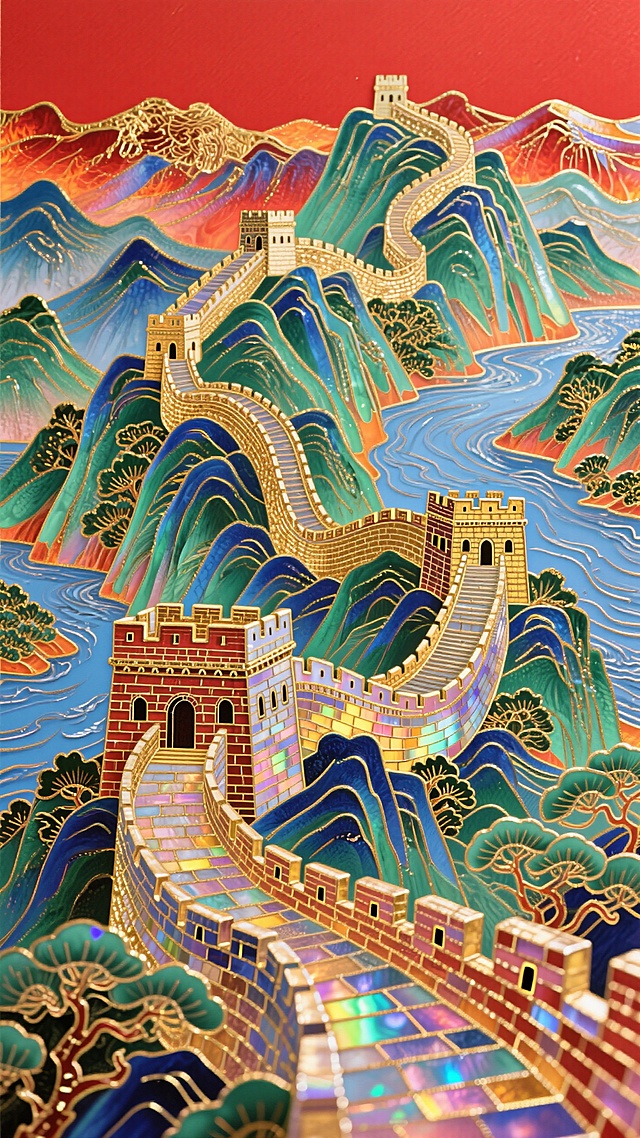 长城+山河，红色背景