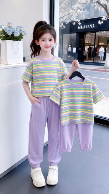 用图1短袖和裤子替换掉图2的模特身上穿的衣服裤子和模特手里衣架上挂着的衣服，保留原场景光影，保持图2的人物的五官和发饰不变，姿势不变，拍摄角度不变，模特的朝向不变，背景不变，图片宽高尺寸不变，保持图预览效果