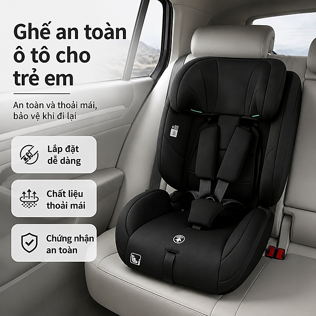 把图中所有中文替换为越南语：标题 'Ghế an toàn ô tô cho trẻ em'，副标题 'An toàn và thoải mái, bảo vệ khi đi lại'，功能点 'Lắp đặt dễ dàng', 'Chất liệu thoải mái', 'Chứng nhận an toàn'，保持图片比例大小不变，除了文字替换为越南语其他所有内容都不变，画面内容、布局都保持原样