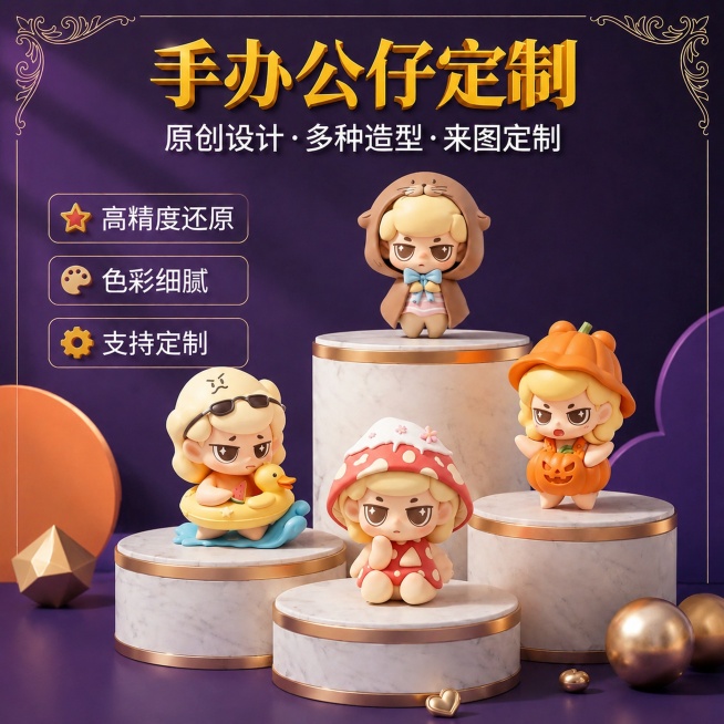 「图片1」「图片1」「图片1」「图片1」「图片1」「图片1」参考图六的卡通公仔形象，修改整体版式设计，以及修改展台的摆放位置，将图六的公仔放入新的主图中预览效果