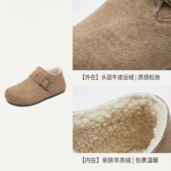 核心卖点透出（材质解析）

构图： 左侧为鞋子整体（约占40%），右侧为两个并排的材质特写镜头（约占60%）。

特写1： 鞋面真皮牛反绒的极致微距纹理，能看到柔软的绒毛。

特写2： 鞋口处羊羔绒内预览效果