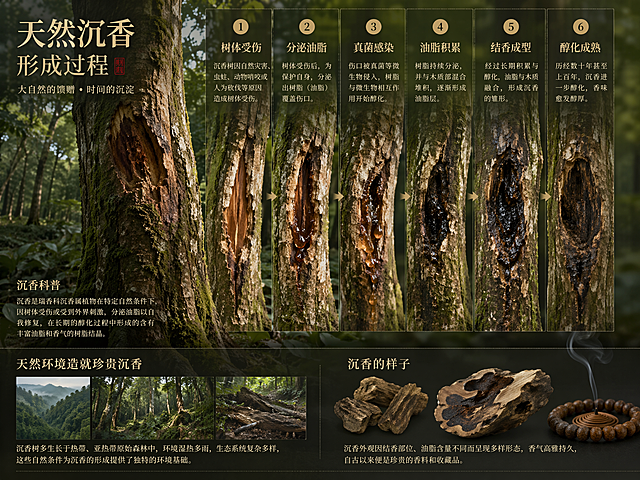 天然沉香形成过程展示图，古老沉香树树干受伤分泌油脂，展示沉香结香的自然过程，森林自然环境，科普风格，色调自然沉稳