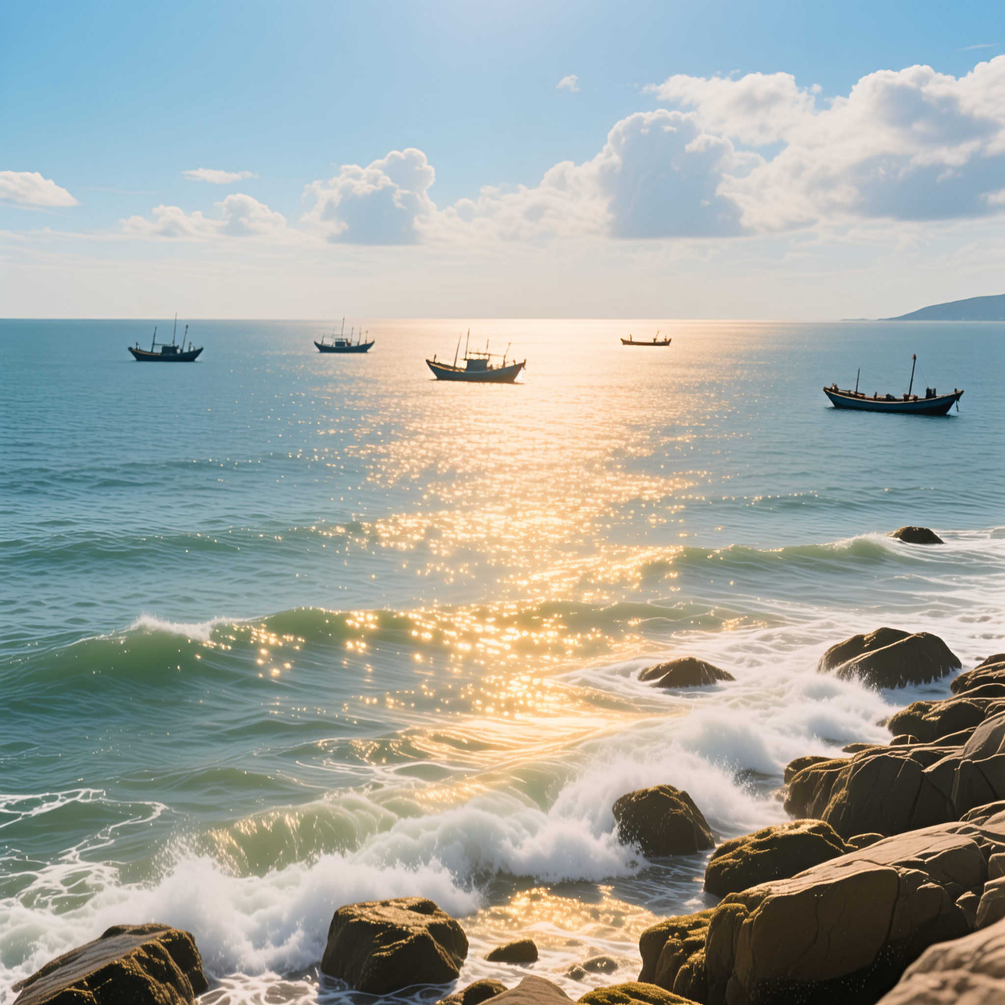 东海壮丽海景，辽阔的海面波光粼粼，远处有几艘渔船点缀，天空中飘… - 图片创意预览