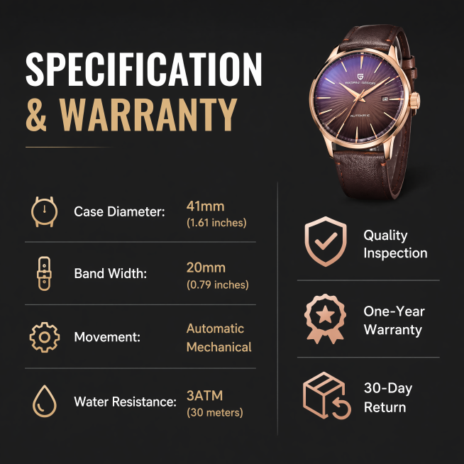 [第8屏] 产品规格参数与售后保障-Pagani Men's Watch specification and warranty page. 本屏使用【图1】手表小图放在右上角，整体为规格信息展示。
[预览效果
