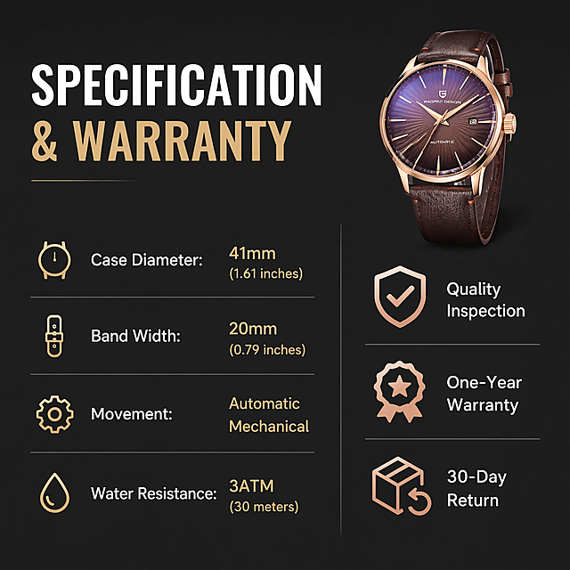 [第8屏] 产品规格参数与售后保障-Pagani Men's Watch specification and warranty page. 本屏使用【图1】手表小图放在右上角，整体为规格信息展示。
[氛围/风格] 清晰简约信息页，专业易读，深色高级感。
[元素布局] 左上角为大标题区域，左下部分成两列排列规格参数，右下角为售后保障图标和文字，右上角放置缩小版手表产品图，保持产品原有设计颜色不变；整体布局分区清晰，参数项目一目了然，不拥挤。
[光影质感] 整体光线均匀，文字区域亮度一致，右上角手表光影自然，和整体页面融合。
[配色色系] 全局底色：#1e1e1e（深灰黑）；文字色：#ffffff（白），参数值用浅金色强调，图标用玫瑰金色填充。
[视角构图] 规整信息版式，分区平衡，从上到下阅读顺序自然。
[文字版式] 顶部标题 "Specification & Warranty"，左参数区域："Case Diameter: 41mm (1.61 inches)" "Band Width: 20mm (0.79 inches)" "Movement: Automatic Mechanical" "Water Resistance: 3ATM (30 meters)"，右侧保障区域三个图标配文字："Quality Inspection" "One-Year Warranty" "30-Day Return"，所有文字全英文，字体清晰，排版整齐，无中文字符。
[比例分辨率] 1:1 方形比例，4K分辨率，文字清晰可读。
[负向提示词] 文字模糊，参数错乱，手表变形，颜色错误，中文字符，水印，抢购按钮，夸大文字。