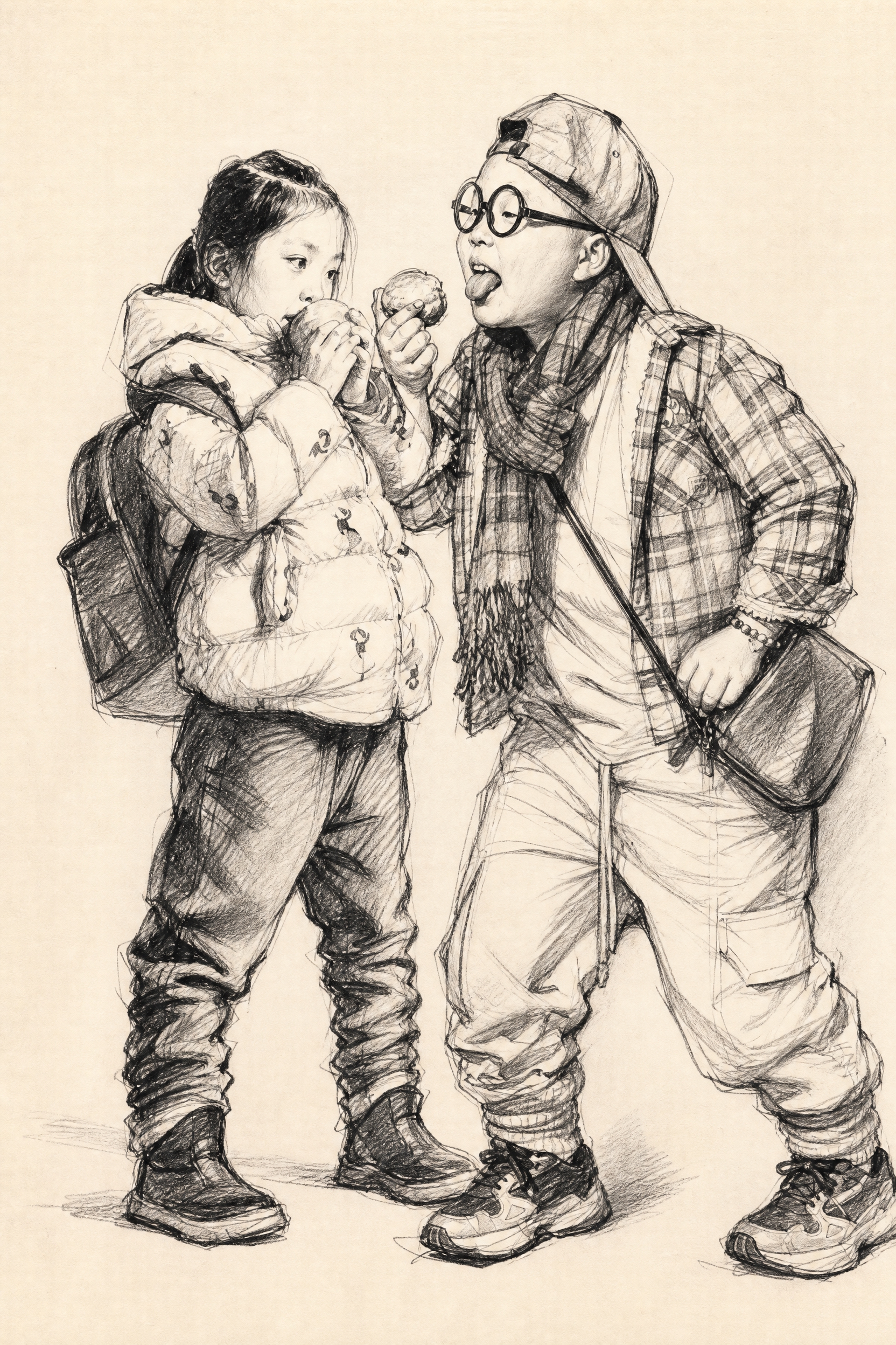 费欣风格线描速写，偏线描为主适当带明暗调子，参考两张儿童照片的… - 图片创意预览