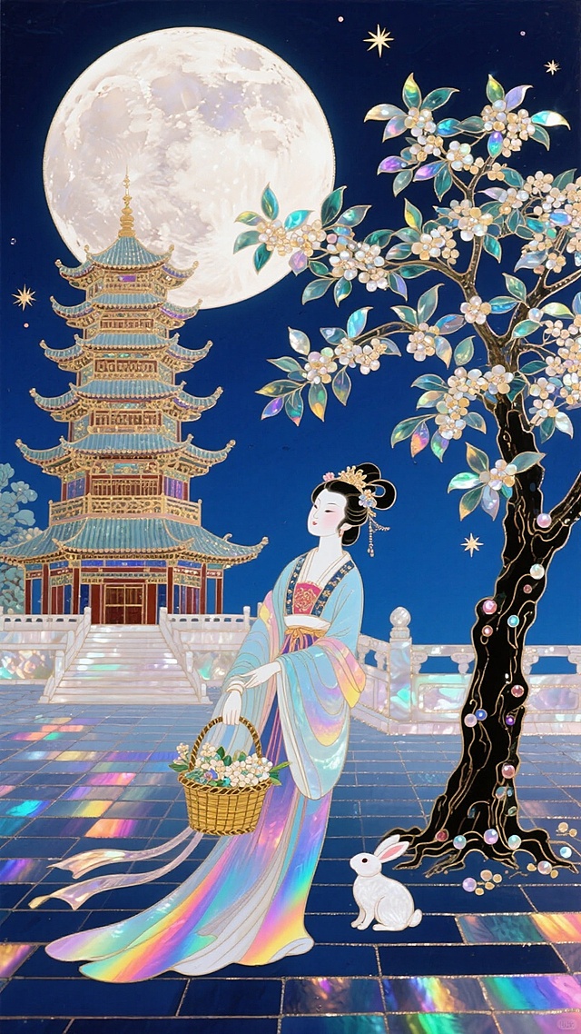 中式风格，一轮巨大的圆月上，华丽高耸的广寒宫外，嫦娥衣摆飘逸，手提着一个装满桂花的精致竹篮，她的旁边是一棵高达茂盛的大桂花树，小玉兔在桂花树下玩耍，广寒宫外的地面是宫砖，天空有一些小星星，透视正确，画面饱满。