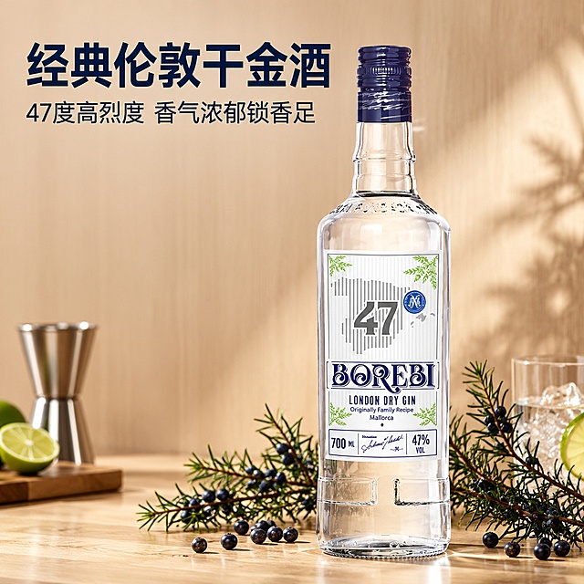 [主图-1] 经典伦敦干金酒氛围场景首图。商业摄影质感、光线柔和通透、产品清晰真实、画面干净高级。透明玻璃酒瓶居中展示，酒体干净通透，杜松子枝叶点缀在酒瓶周围，背景为简约浅木色吧台，左侧预留文案空间。保持珀莱比伦敦干金酒外观（物理结构、材质质感、颜色）与输入产品图绝对一致，杜绝任何变形和色差，精细化处理。商品主体占比严格控制在70%左右；画面满屏无边框。光影使用侧光，主光突出酒体通透感，辅光柔化瓶身轮廓，杜松子枝叶形成自然阴影增强层次感。主色调为浅木色+透明玻璃质感，搭配藏蓝瓶标点缀。平视四分之三视角，景深适中，产品轮廓完整不裁切。文字版式左上负空间左对齐留安全边距，大字主文案"经典伦敦干金酒"，藏蓝色最大号粗体无衬线；下方辅助短句"47度高烈度 香气浓郁锁香足"，约半高同色系。文字清晰可辨，超高清商业摄影质感。负向提示词：变形，文字错乱，产品图模糊，背景杂乱，水印，电商平台Logo。