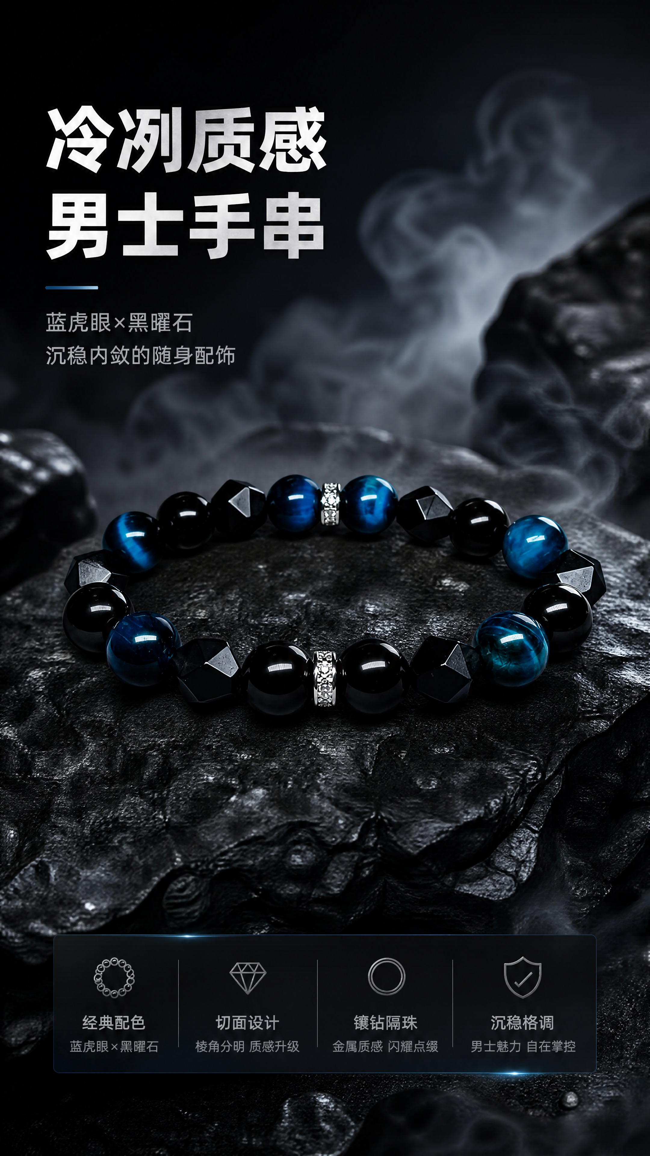 [商品] 使用【图1】男士手串，保留蓝虎眼圆珠、黑曜石圆珠、磨… - 图片创意预览