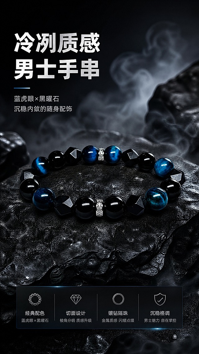 [商品] 使用【图1】男士手串，保留蓝虎眼圆珠、黑曜石圆珠、磨砂切面黑玛瑙多面体珠、银色镶钻隔珠的结构、颜色、材质和排列顺序；增强珠子光泽、切面棱角和金属隔珠质感，不改变手串整体形态。
[画面] 首屏氛围头图，目标是突出产品高级质感与男士珠宝调性。手串居中偏下，产品占画面约65%，正面微俯视角度。背景参考【图2】的深色岩石+烟雾氛围风格，深灰黑色粗糙岩石台面，周围缭绕冷调烟雾，上方暗调渐变背景，前中后三层景深。
[视觉] 套系策略：风格=暗调高级男士珠宝商业摄影；标题字=现代简约粗黑体；正文字=简洁无衬线体；主色=深炭黑+冷蓝灰；背景延展=基于深炭黑、冷蓝灰做深浅层级、岩石纹理和烟雾质感；强调色=冰蓝色，仅用于小面积光效、引线和标签高光；标题色=银白；正文色=浅灰；组件=细线分割、极简信息卡、冷调光影；光影=左前侧冷调硬柔光，珠子表面有清晰高光反射，暗部保留细节。
[文字] 上方主标题"冷冽质感 男士手串"，副标题"蓝虎眼×黑曜石 沉稳内敛的随身配饰"，文字左上排布，不遮挡手串主体。
[规格] 图片比例9:16竖版，分辨率4K，质量medium。避免变形、错字、文字过小、暖色调背景、珠子颜色改变、手串结构错乱、出现"天然"字样。