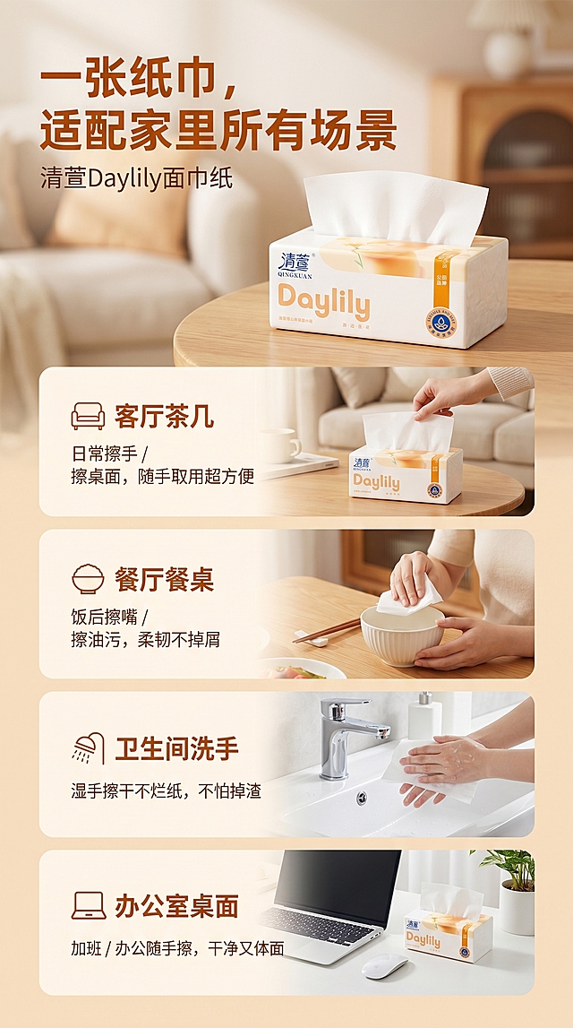 清萱Daylily面巾纸电商场景应用详情页，主标题为"一张纸巾，适配家里所有场景"，分四个场景带图标描述： 🛋️ 客厅茶几：日常擦手 / 擦桌面，随手取用超方便 🍚 餐厅餐桌：饭后擦嘴 / 擦油污，柔韧不掉屑 🚿 卫生间洗手：湿手擦干不烂纸，不怕掉渣 💻 办公室桌面：加班 / 办公随手擦，干净又体面，整体保持温暖治愈风格，延续原包装兔子暖色调设计，排版干净清晰，9:16竖版构图