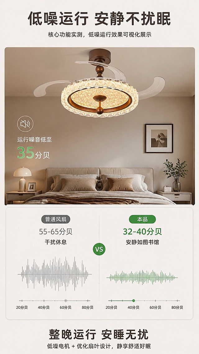 [第5屏] 核心功能实测，低噪运行效果可视化展示。本屏使用【图1】作为产品主体。
[氛围/风格] 专业实测风格，数据可视化，客观可信质感。
[元素布局] 顶部标题，上半部分放置产品安装在卧室场景图，产品主体使用【图1】，下半部分展示分贝值对比示意图，左侧标注普通风扇分贝，右侧标注本品分贝，用波形图展示噪音差异，产品外观与原图一致。
[光影质感] 卧室场景柔和光影，数据区域光线均匀清晰，明暗层次自然。
[配色色系] 全局底色 #F5F0EB；主色浅灰色波形图；辅助色绿色低噪标注。
[视角构图] 从上到下，产品场景在上数据对比在下，清晰阅读动线。
[文字版式] 顶部主标题「低噪运行 安静不扰眠」，上半场景标注「运行噪音低至35分贝」，下半对比栏：左侧「普通风扇：55-65分贝 干扰休息」右侧「本品：32-40分贝 安静如图书馆」，底部总结文案「整晚运行 安睡无忧」，文字清晰易读。
[比例分辨率] 9:16 竖版比例，4K分辨率，文字清晰可辨，高清画质。
[负向提示词] 产品变形，数据标注错误，文字错乱，颜色偏差，水印。