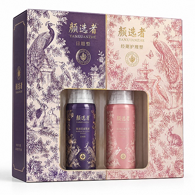 根据提供的包装刀版图，生成颜选者品牌泡泡慕斯洗液两瓶装长方形包装盒3D效果图。横版长方形纸盒，清新风格，正面左右分区设计：左侧深紫色区域对应日用款，法式复古花鸟图案装饰，金色"颜选者"logo和"日用型"字样；右侧玫粉色区域对应经期款，同风格花鸟图案，金色logo和"经期护理型"字样；中间金色分割线。正面下方透明大窗口展示内部两瓶慕斯洗液（一瓶紫色一瓶玫粉色）。白色清新背景，45度斜视角，两瓶套装包装，女性护理产品，高端精致，纸质包装盒，商业摄影
