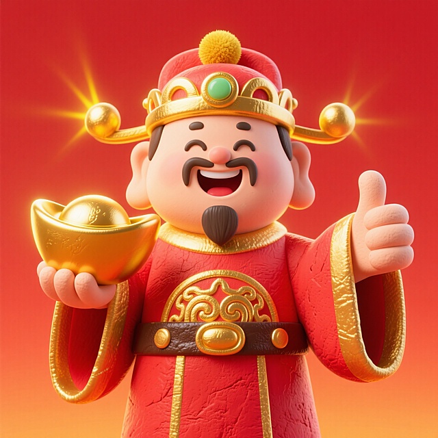 财神爷的形象，富丽堂皇的装扮，装饰傍身，珐琅金色球绒顶冠，红色官袍镶金边，粗鎏金纹饰皮腰带，一只手拿一个超大的金元宝，另一个手竖大拇指点赞手势，开心地笑，背后是黄色的光晕，绽放光芒，暖色调，红色渐变背景