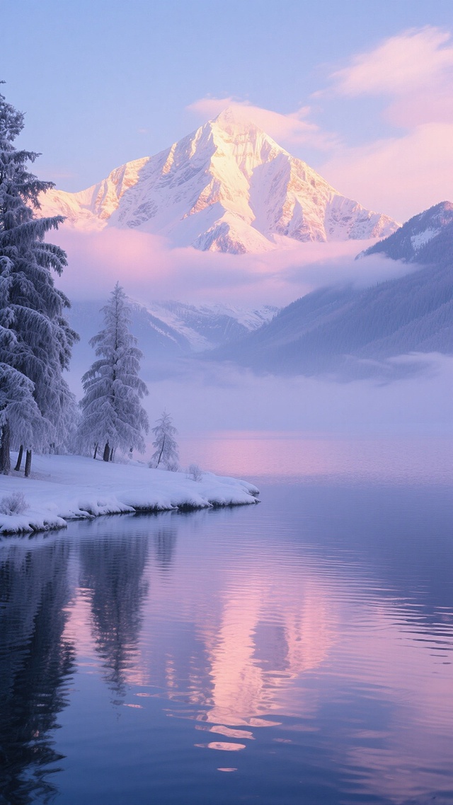 梦幻唯美的风景摄影，黎明时分的雪山湖泊景观，远处巍峨的雪山在晨曦中泛着淡金色的光芒，近处平静的湖面上倒映着粉蓝色的天空和飘逸的云彩，湖岸边覆盖着一层薄薄的初雪，岸边点缀着几棵挂满冰霜的松树，整体色调以清冷的蓝紫色为主，光线柔和朦胧，营造出宁静而神秘的氛围，水面波光粼粼，细节清晰，质感细腻，构图采用垂直构图，视觉焦点集中在雪山与湖面的交界处，画面整体呈现出高清晰度和电影级的视觉效果。