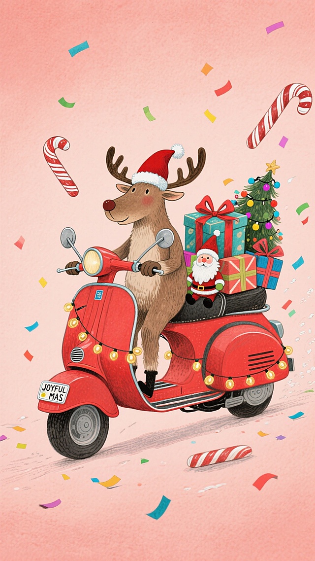 水彩风格插画，拟人化驯鹿戴圣诞帽骑红色踏板车，载着圣诞老人与礼物，满屏彩带糖果拐杖，洋溢喜庆卡通感，节日氛围浓厚。