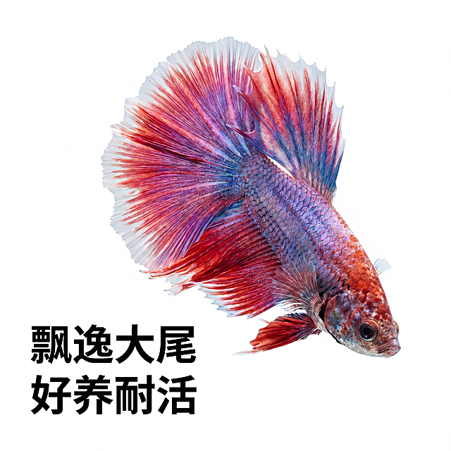 [主图 3] 泰国半月斗鱼整体姿态展示主图
[氛围风格] 自然生动，真实质感
[画质] 商业摄影，超清真实，质感通透，层次分明
[元素] 展示泰国半月斗鱼完整游动姿态，保持斗鱼原有的色彩纹理与夸张尾部特征一致，纯白干净背景，主体斗鱼完整舒展，突出大尾鳍打开的优美形态，鱼身鳞片光泽自然
[光影] 均匀布光，整体明亮通透，勾勒鱼尾飘逸轮廓，凸显半透明尾鳍的轻盈质感
[配色] 纯白色背景，保留斗鱼原有渐变色彩
[视角构图] 平视对角线构图，主体完整居中，无边框满铺
[文字版式] 左下角放置卖点文字，左对齐：
"飘逸大尾
好养耐活"，文字加粗黑色，大小适中不遮挡主体
[比例分辨率] 1:1比例，2k分辨率，文字清晰
[负向提示词] 变形，水印，文字错乱，背景杂乱，姿态扭曲，色彩偏差