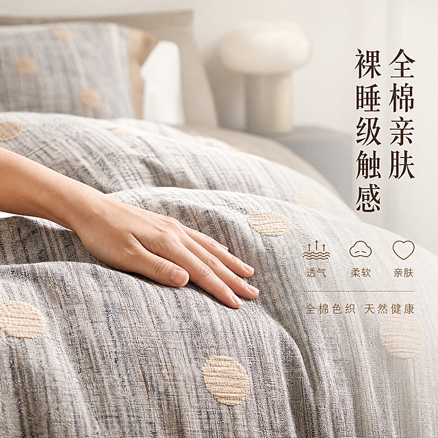 [主图-2] 亲肤触感与全棉材质体验图 强调全棉的舒适亲肤感
[统一基调] 温馨居家生活感 高级材质透视 温馨暖调自然光 午后慵懒光斑 同一卧室房间背景 米白墙面 原木质感 统一衬线字体 主标题深咖色 辅助文字浅咖色 强调色奶茶棕
[画面] 卧室床品近景 聚焦被套面料局部 一只女性手背轻轻贴在被套面料上 手指自然放松 体现亲肤触感 面料色织提花肌理清晰可见 竖纹纹理和圆点图案细节分明 背景虚化处理 隐约可见床头和枕头轮廓 保持同一场景感 画面右侧留出负空间放置文字 产品面料占画面60% 视角为平视略微俯角 突出面料质感与肌肤接触的舒适感
[光影质感] 柔和自然光打在面料上 清晰展现全棉面料的纹理和肌理 肌肤与面料接触处有自然的阴影过渡 面料褶皱处明暗层次丰富 体现棉质面料的柔软质感 高清微距级面料细节
[配色] 面料灰调+奶茶色圆点 肌肤自然肤色 背景虚化暖米色 文字深咖+浅咖 强调色奶茶棕
[文字版式] 右侧竖排文字区 主标题「全棉亲肤 裸睡级触感」大号深咖色衬线体 下方三列小图标+文字横向排列 第一列「透气」配透气图标 第二列「柔软」配柔软图标 第三列「亲肤」贴心形图标 每列图标在上 文字在下 小号浅咖色 底部一行小字「全棉色织 天然健康」 文字全部放在右侧负空间 不遮挡面料和手部
[输出要求] 1:1比例 文字清晰可读 面料纹理清晰 手部自然无畸形 禁止出现平台Logo 水印 错字 模糊 禁止绝对化用语