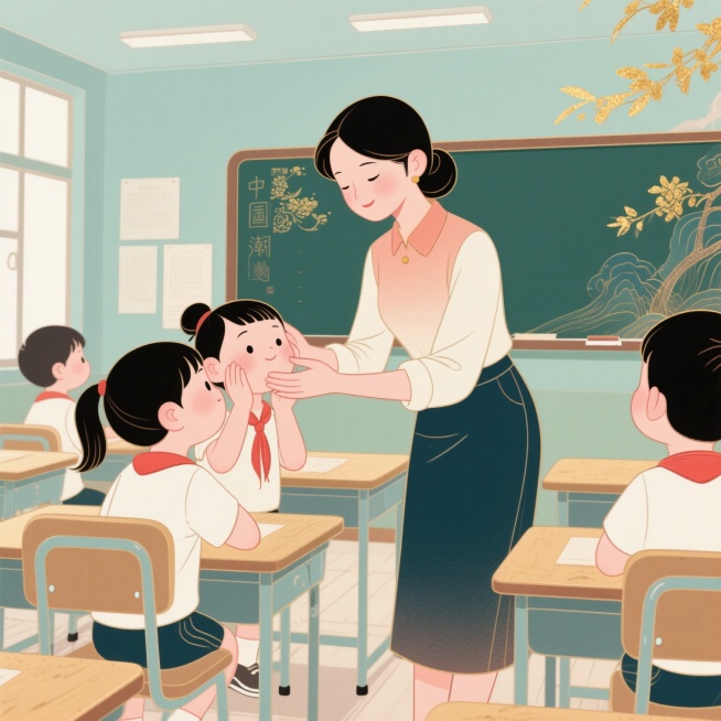 教室场景，一个亚洲女老师，双手捧起学生可爱的脸，在关心学生，周围是桌椅板凳，Q版，4K预览效果