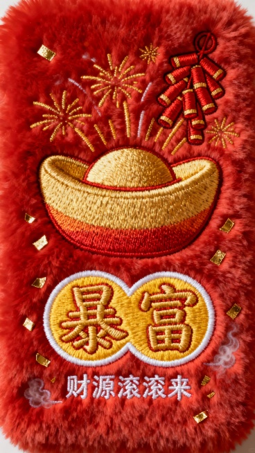 发财主题毛绒刺绣壁纸，赤红色毛绒背景，主体金色大元宝配金红渐变，鞭炮噼啪作响炸出金色火花，下方金黄“暴富”圆体字边缘绣白色轮廓线，文字周围小标题“财源滚滚来”，点缀金色碎屑、小烟雾元素，整体呈现毛绒质预览效果