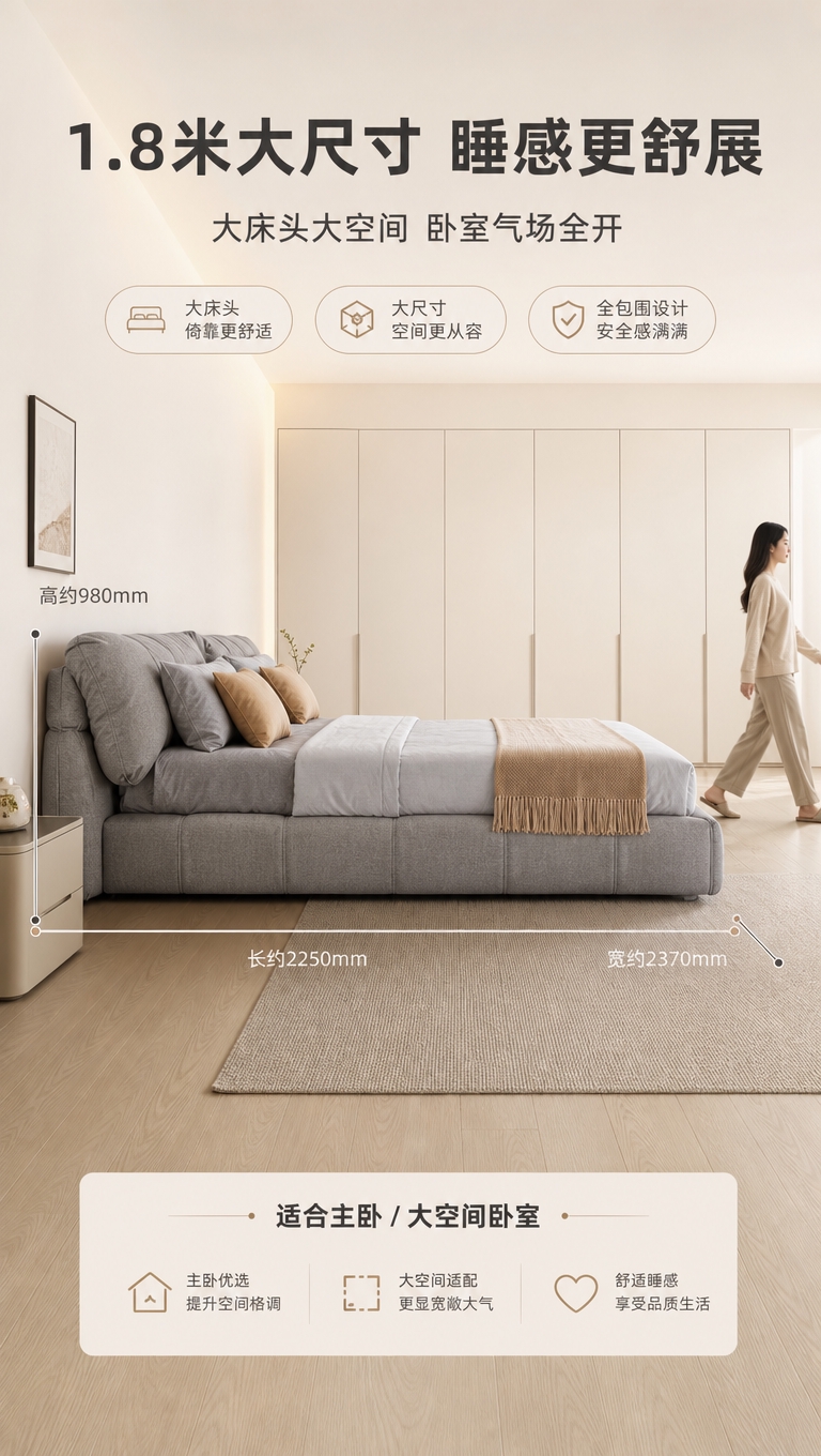 [商品] 使用【图1】灰色软包落地床；保留饱满大床头、落地围边… - 图片创意预览