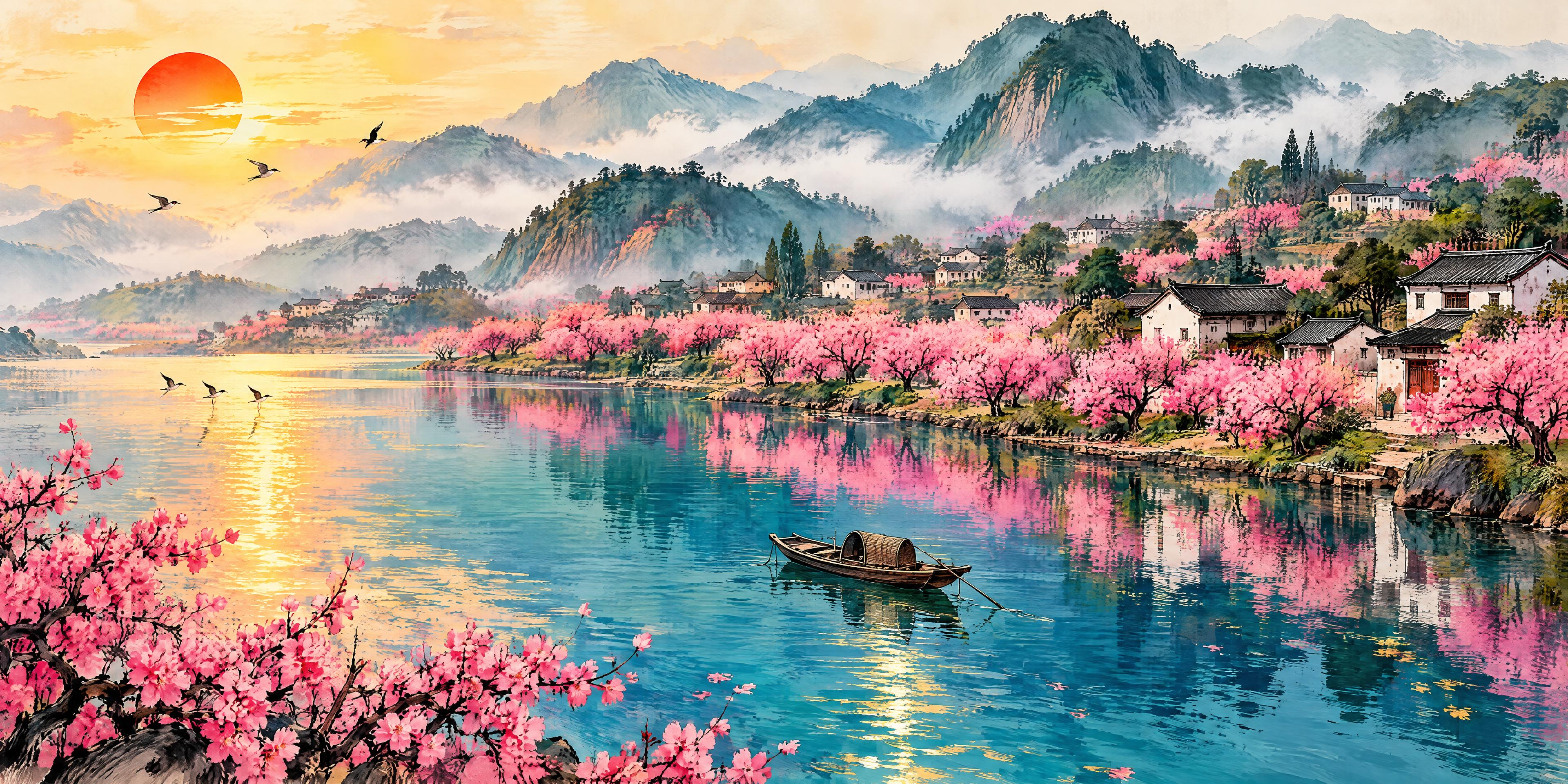 国风水墨插画，横幅全景：仙海湖畔抗香村全景。碧波荡漾的仙海湖面… - 图片创意预览