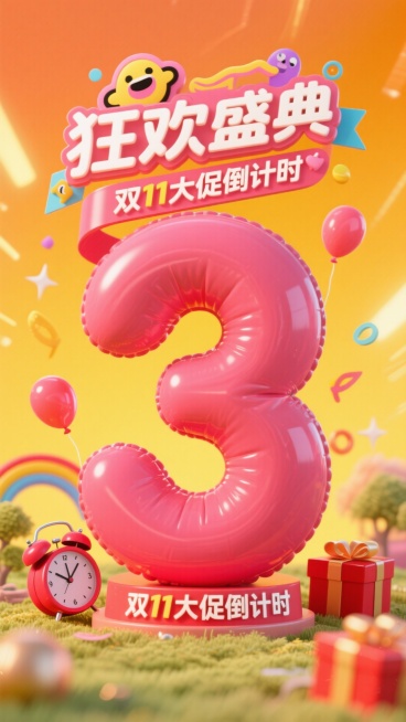 巨型玫红色气球质感数字 “3”，顶部设置 “狂欢盛典” 主题标签（带卡通装饰元素），搭配 “双11大促倒计时 ”文字，背景采用亮黄橙渐变，融入炫光、彩色闹钟、红包等装饰元素，整体营造紧迫的促销倒计时氛预览效果